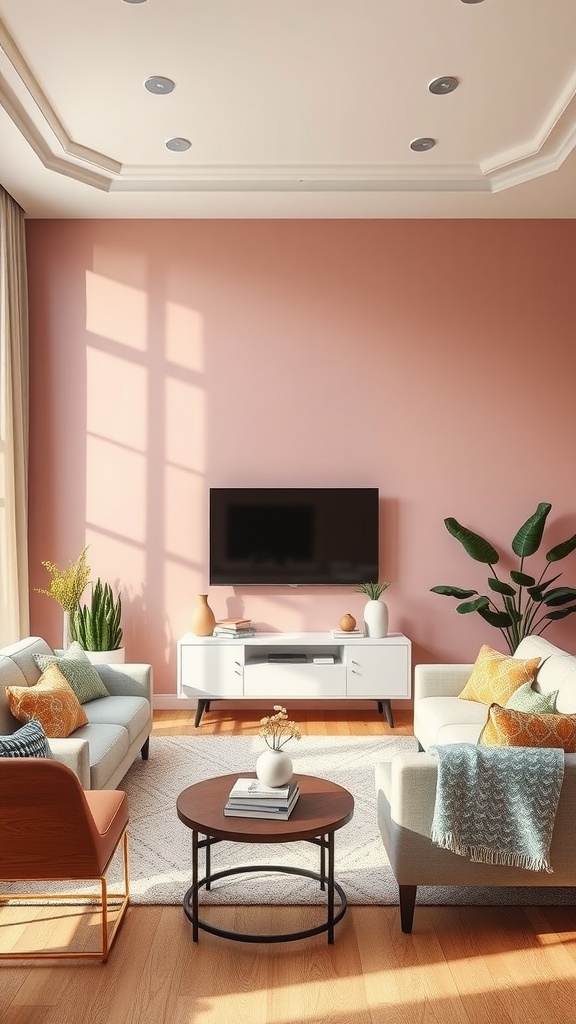 A cozy living room featuring a blush pink accent wall, light gray sofas, a coffee table, and natural light streaming in.