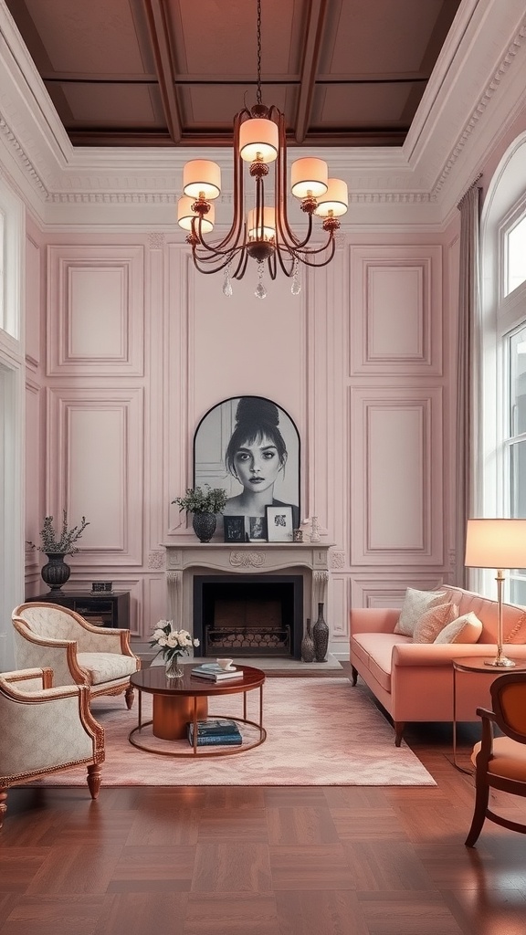 Elegant blush pink chandelier in a stylish living room with pink walls and comfortable furniture