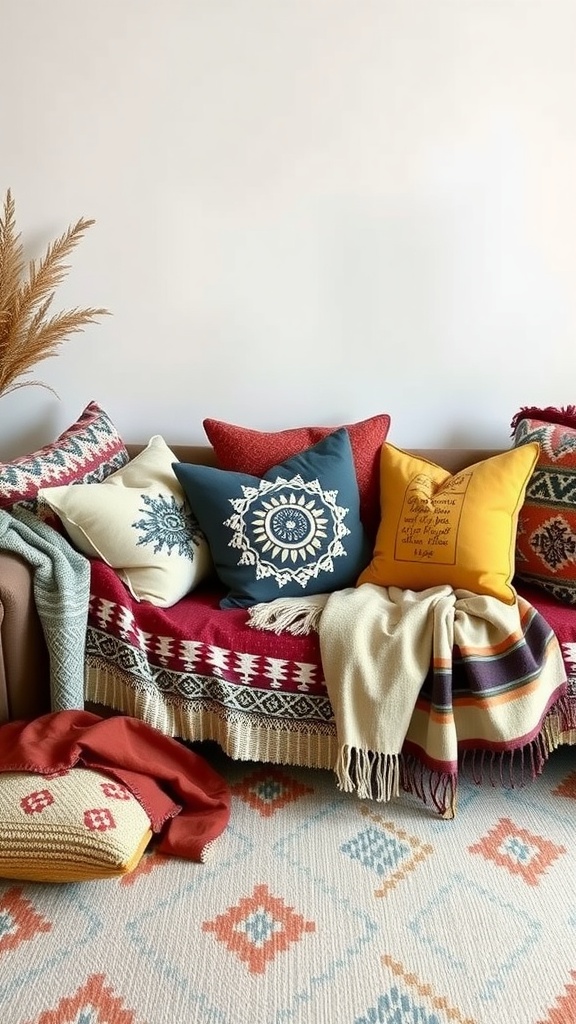 A Bohemian-inspired couch adorned with colorful pillows and throws, featuring rich patterns and textures.