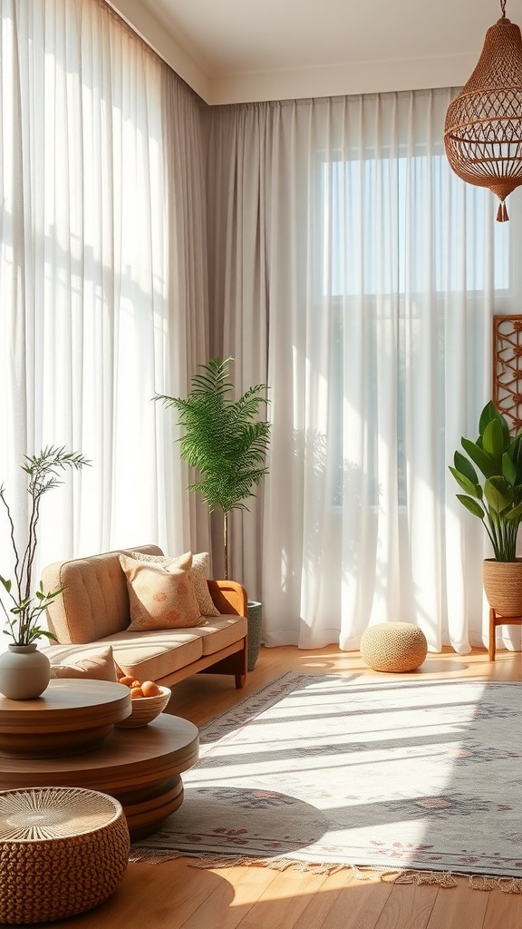 A bright living room with sheer window treatments, bohemian decor, and natural light.