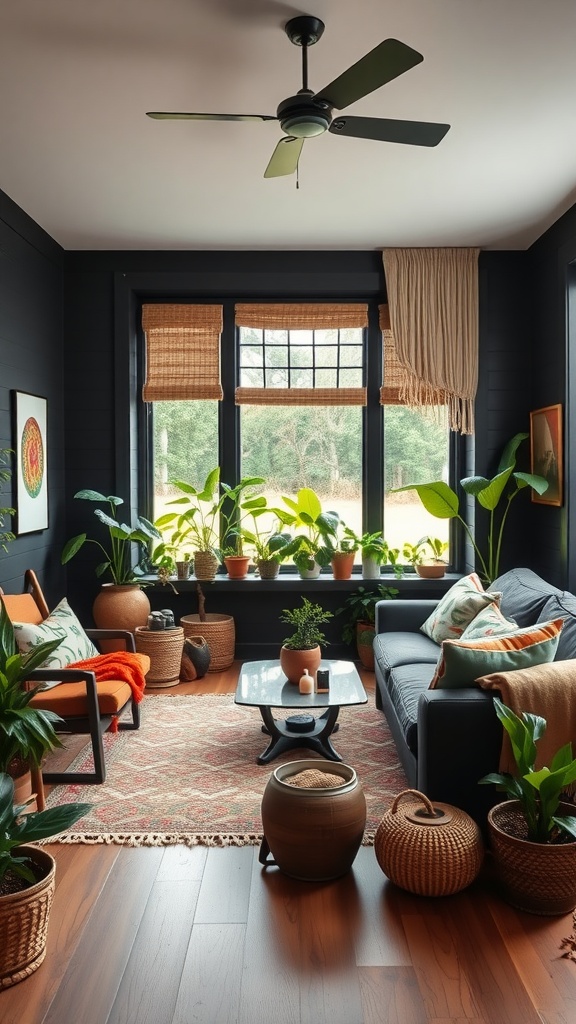 A cozy living room featuring black shiplap walls, plants, and Bohemian decor.