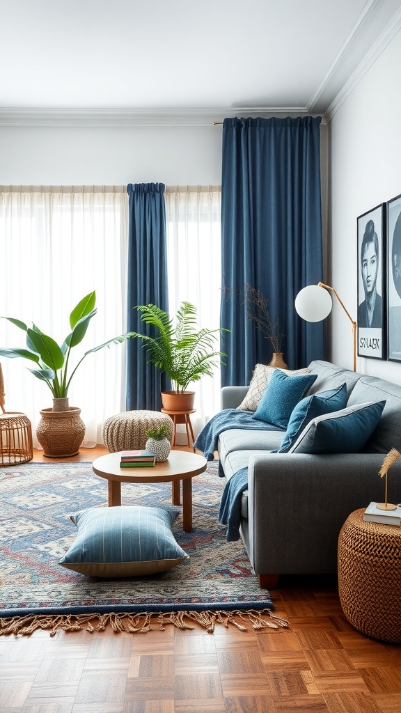 Bohemian style living room with blue and gray textiles, featuring a gray sofa, blue pillows, and a patterned rug.