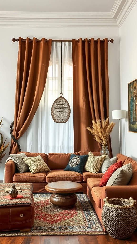 Bohemian living room featuring brown textiles against white walls, with a cozy sofa, decorative pillows, and natural elements.