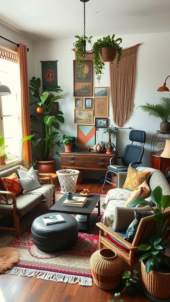 A cozy vintage living room with bohemian chic decor featuring plants, colorful cushions, and a gallery wall.