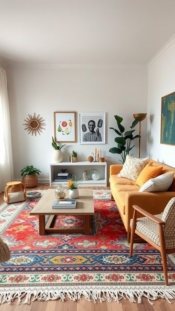 A living room with a colorful layered rug, orange sofa, and eclectic decor