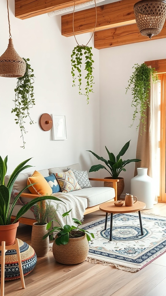 A cozy bohemian chic living room featuring earthy tones, plants, and textured decor.