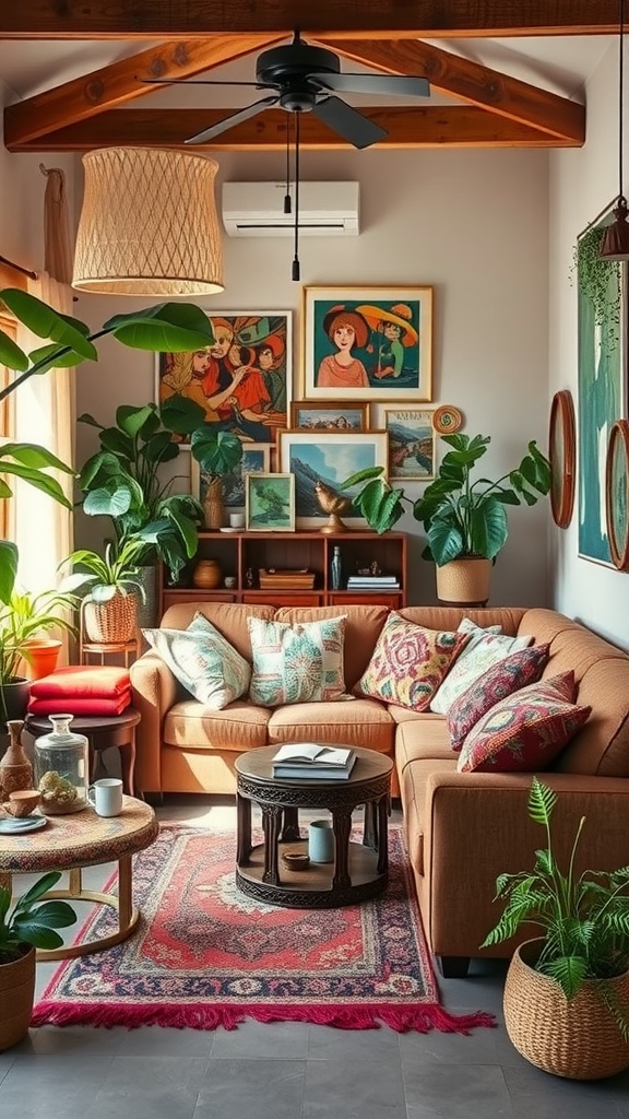 A bohemian chic living room featuring a brown sofa with colorful cushions, a round coffee table, vibrant rugs, and plenty of indoor plants.