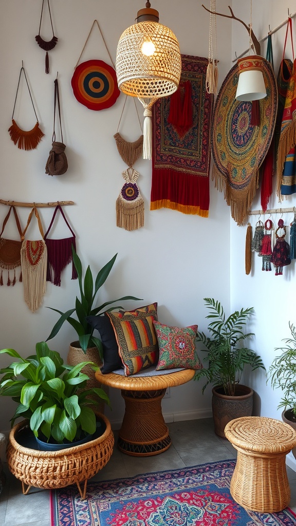 Cozy Bohemian living room corner with woven furniture, colorful wall hangings, and plants