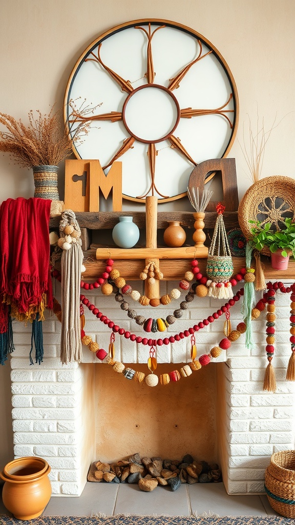 Bohemian styled mantel with colorful textiles, decorative items, and a large round wall piece.