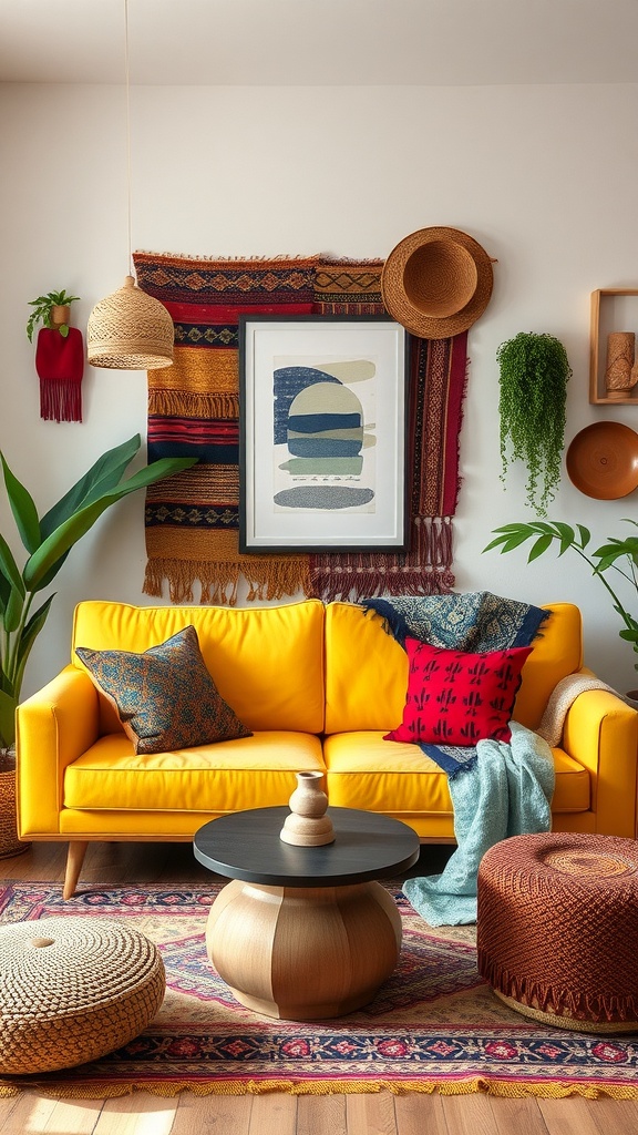 A bright yellow couch in a Bohemian eclectic living room surrounded by colorful decor.