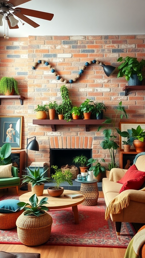 A cozy living room featuring a brick accent wall, vibrant plants, and bohemian decor elements.