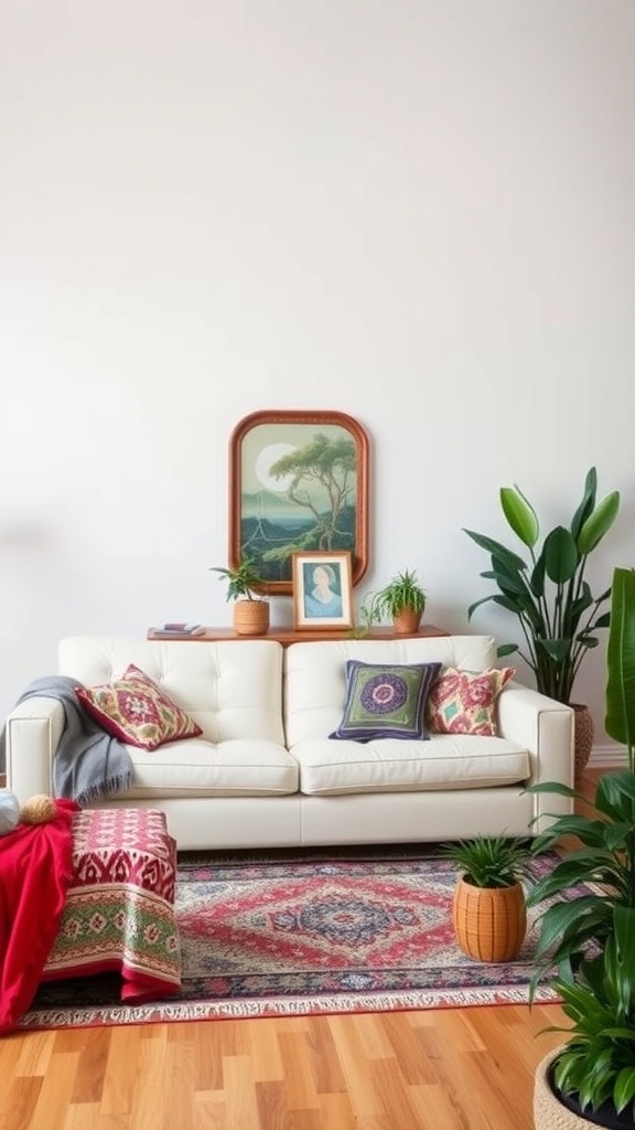 A cozy living room featuring a white leather sofa with colorful pillows, a patterned rug, and indoor plants.