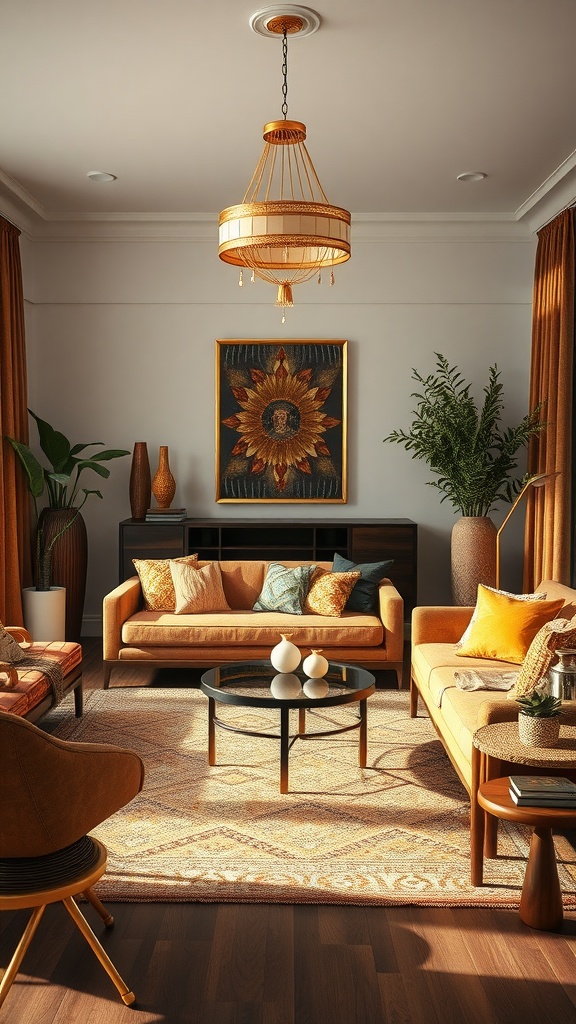 A beautifully decorated bohemian living room featuring gold and earthy tones, with warm sofas, plants, and artistic decor.