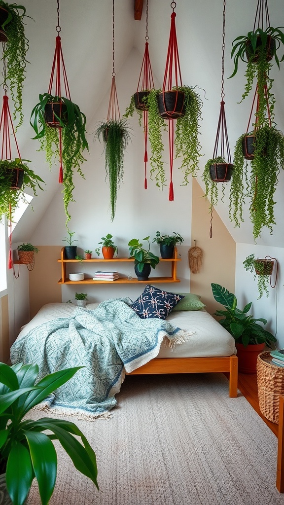 A cozy bohemian loft bed with hanging plants and a wooden shelf.