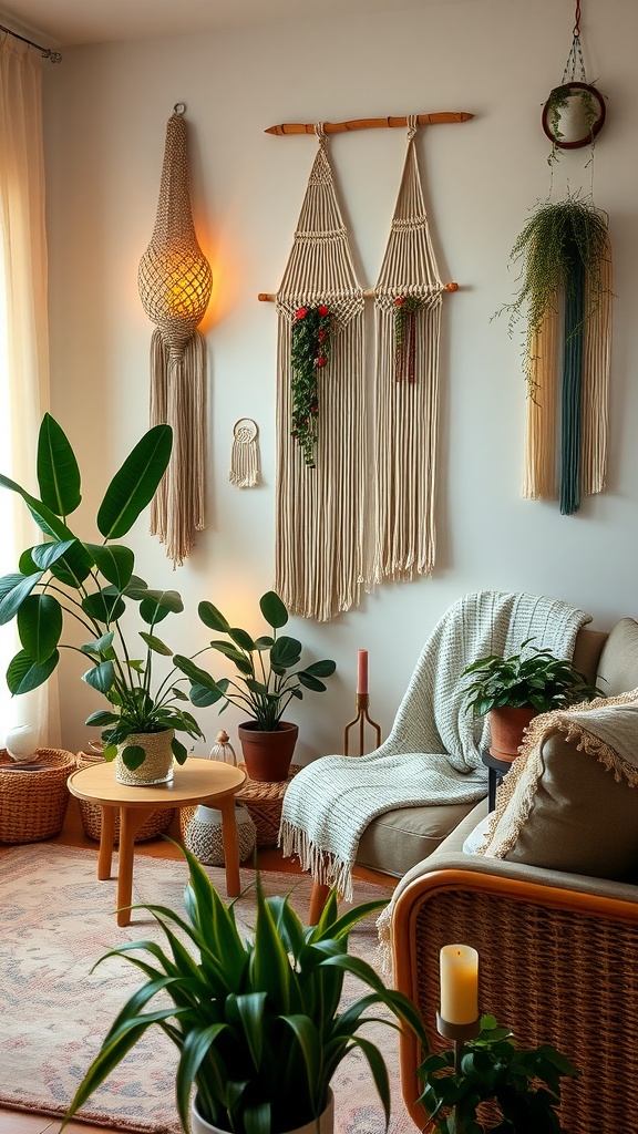 Living room featuring macramé wall hangings and plants.