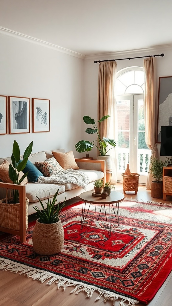 A cozy living room featuring a colorful bohemian area rug with vibrant patterns, surrounded by plants and neutral-toned furniture.