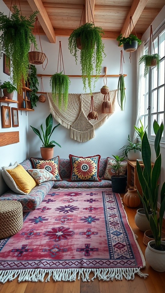 A cozy bohemian styled outdoor nook with a colorful sofa, patterned rug, and hanging plants.