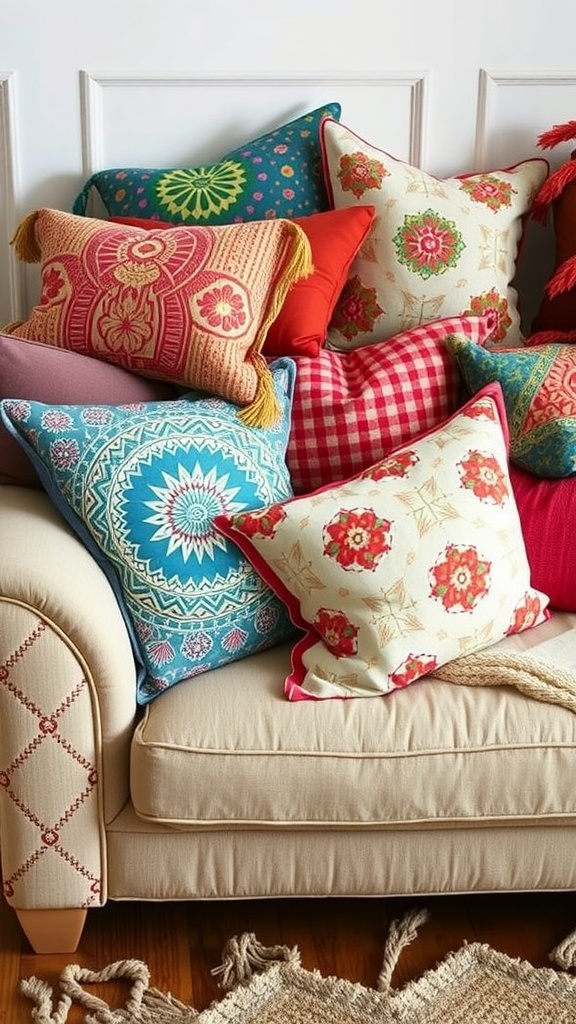 Colorful bohemian throw pillows arranged on a light-colored sofa