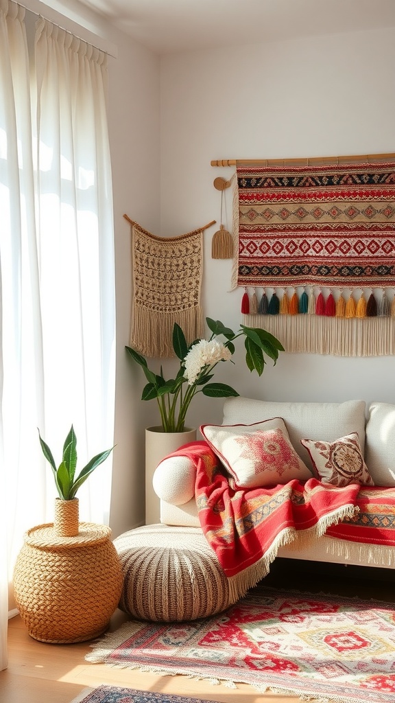 A cozy living room with a white sofa covered in colorful textiles, featuring wall hangings and plants.