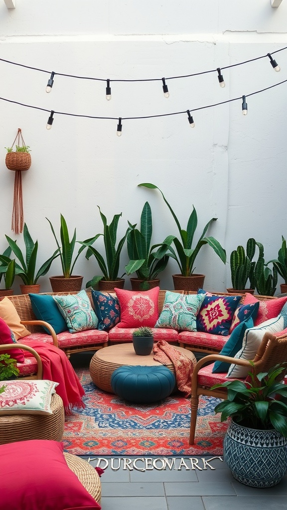 A cozy conversation pit with vibrant textiles, plush cushions, and plants.