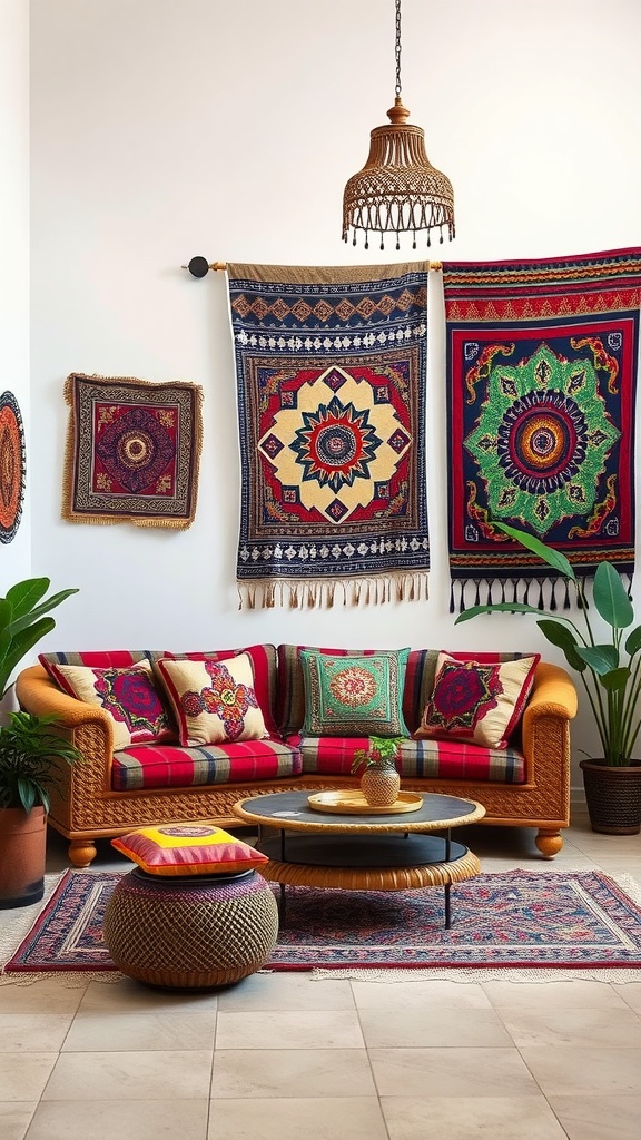 A cozy Moroccan living room featuring colorful wall hangings, a patterned sofa, and decorative pillows.