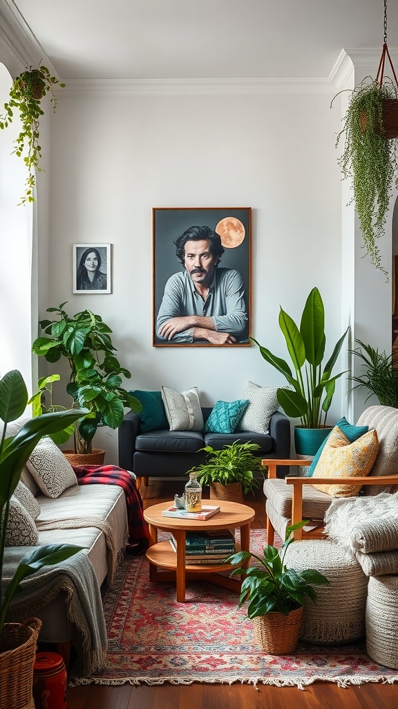 A cozy Bohemian living room with white walls, plants, and colorful decor