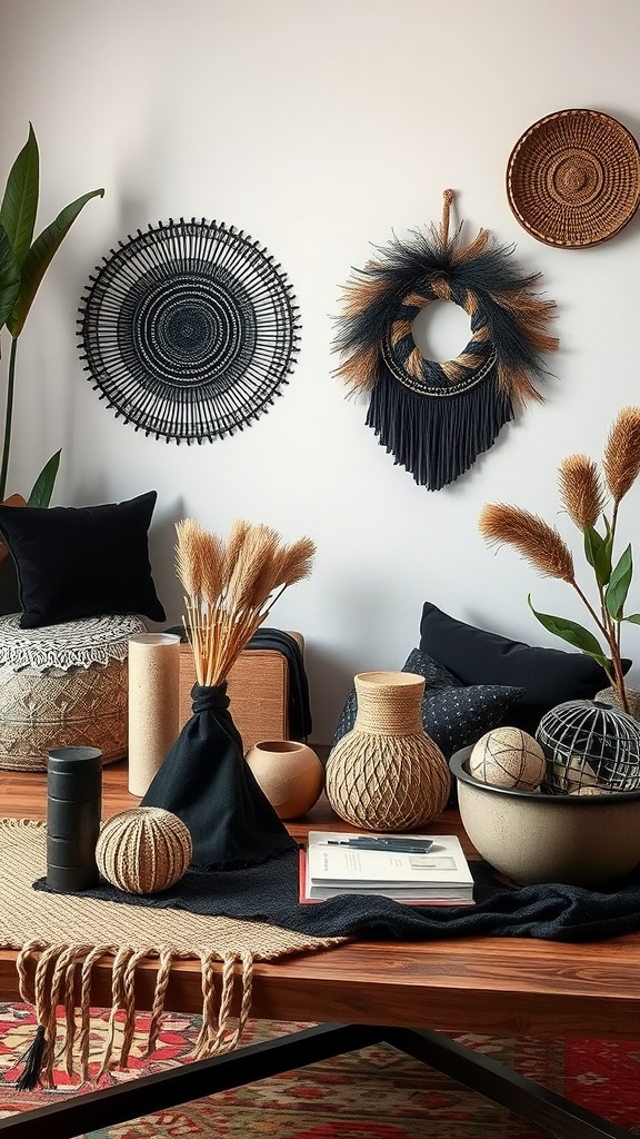 A stylish boho-inspired living room display featuring various accessories like woven wall art, decorative vases, and natural elements.