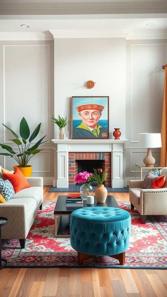 A cozy living room featuring bold accent colors with teal, orange, and red elements.