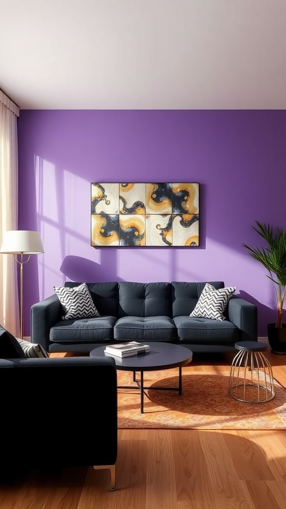 Living room with a black couch, purple accent wall, and stylish decor.