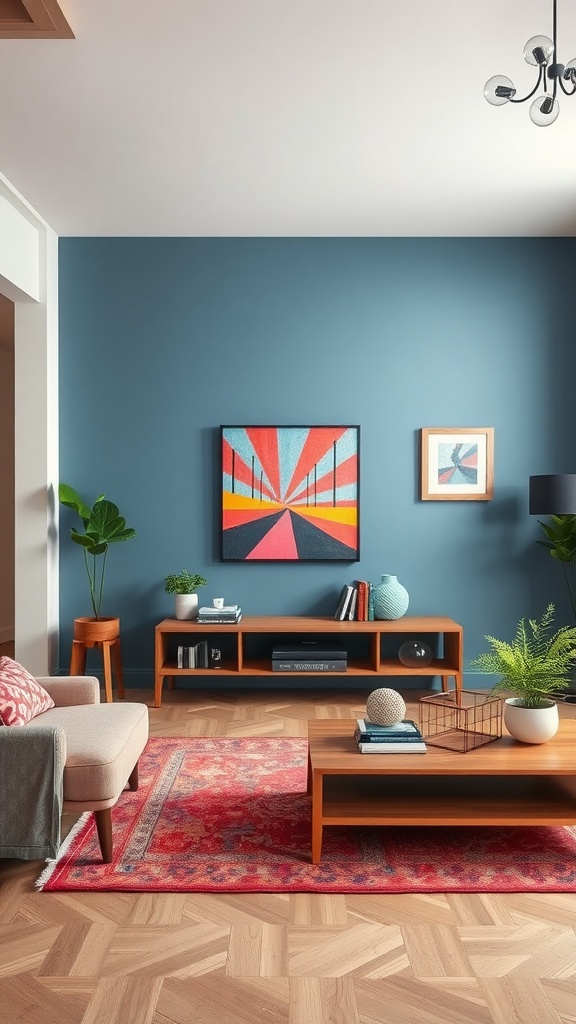 A living room featuring a bold blue accent wall, modern furniture, and colorful artwork.