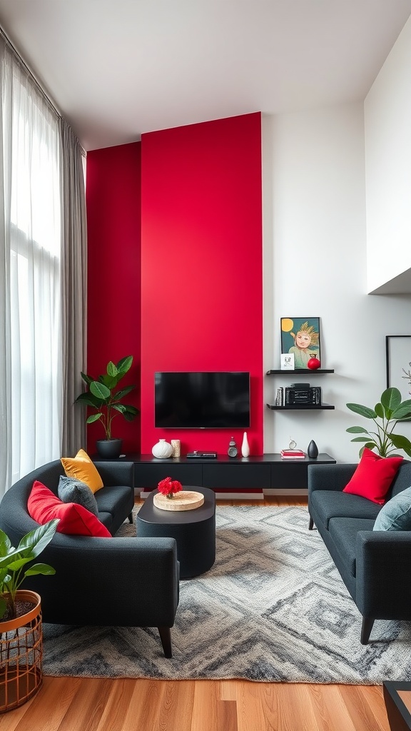 A living room featuring a bold crimson accent wall, black sofas, and vibrant decorative elements.