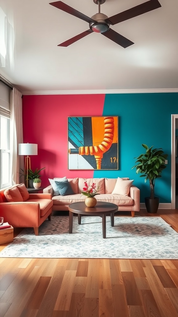 A vibrant living room with a teal and pink accent wall, stylish furniture, and indoor plants.