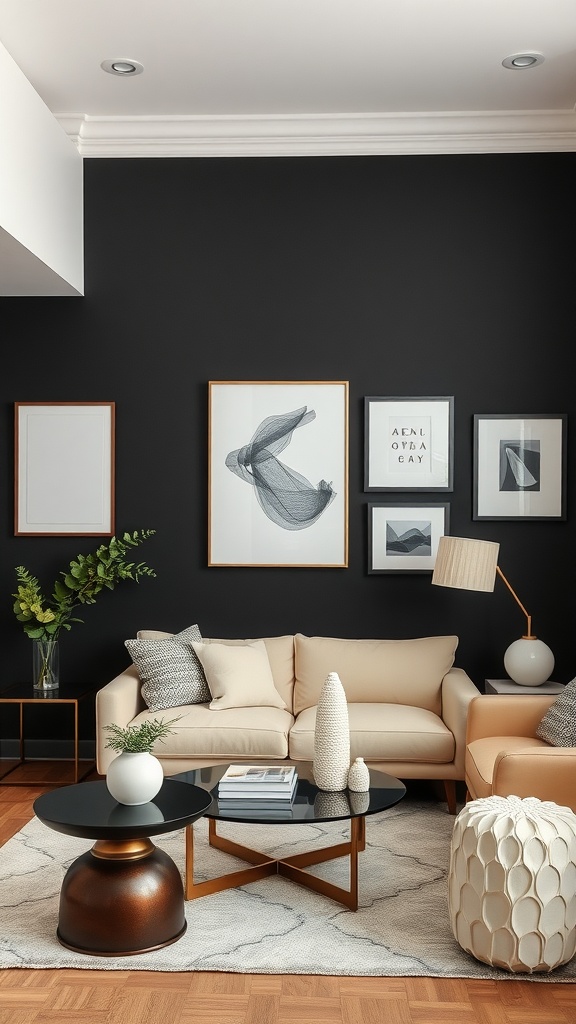 Living room featuring a bold black accent wall with cream furniture and decorative elements.