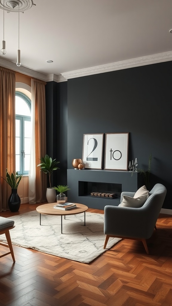 A cozy living room featuring a bold dark accent wall with modern decor elements.