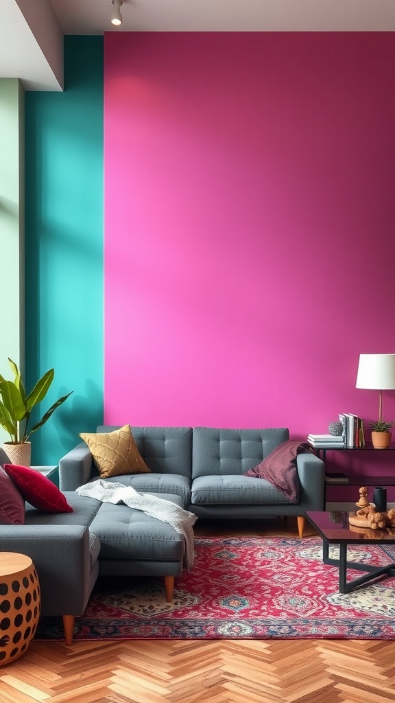 A living room featuring a pink accent wall, turquoise wall, gray sofa, colorful pillows, and a patterned rug.