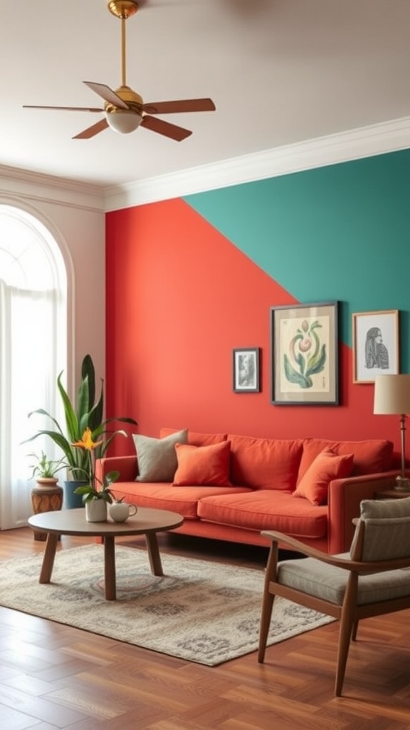 A living room featuring a bold accent wall with red and teal sections, complemented by an orange couch and decorative plants.