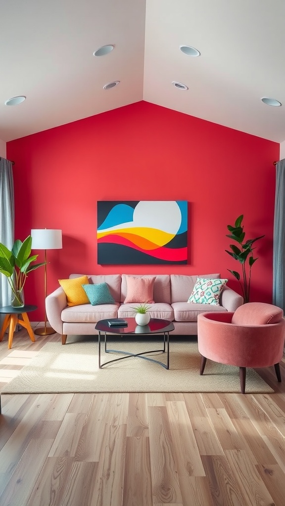 A stylish living room with a bold red accent wall, pink sofa, and modern decor.