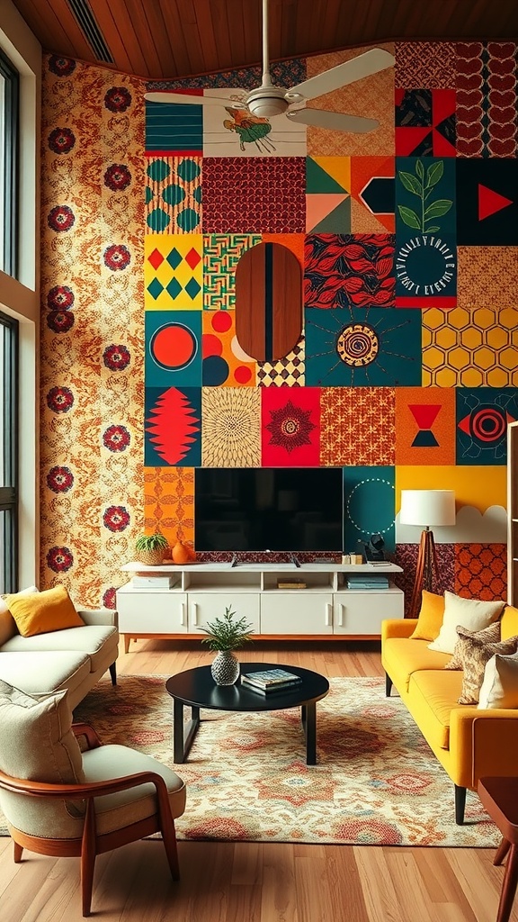 Living room with a bold accent wall featuring retro patterns and stylish furniture.