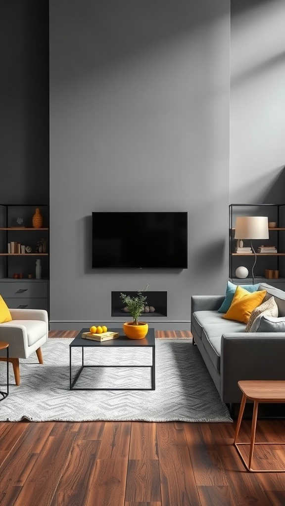 A modern gray living room with yellow accents, featuring a sofa, chairs, and a coffee table.