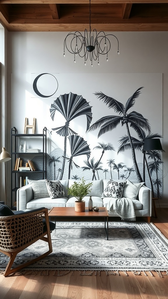 A stylish boho living room featuring a black and white mural of palm trees and fan leaves, complemented by light gray furniture and natural textures.