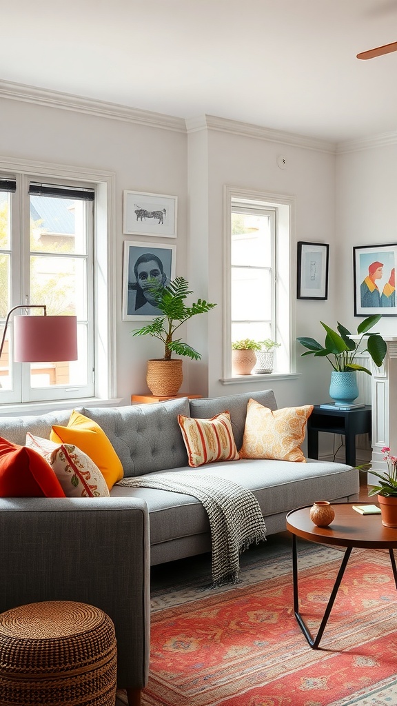 A stylish living room featuring a grey couch with colorful cushions, plants, and unique decor.