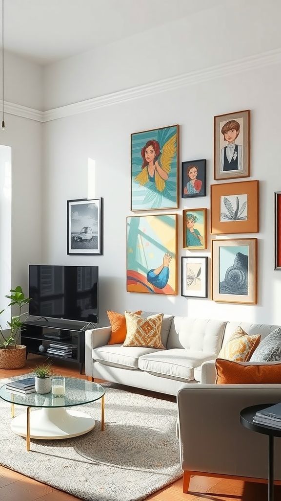 Living room with a white accent wall featuring a gallery of colorful art frames.