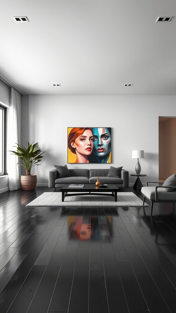 A modern living room featuring a bold piece of artwork on the wall, with black flooring and minimalist furniture.