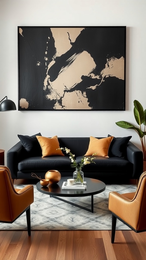 A modern living room featuring black and tan decor, with a large abstract artwork on the wall, a black sofa, and orange accent pillows.