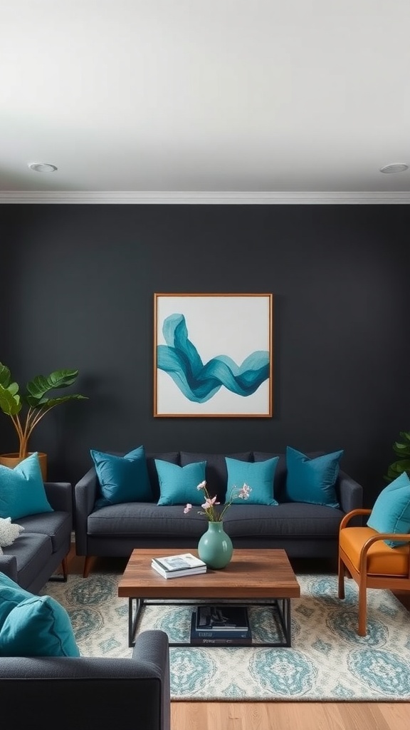 Living room with a bold black accent wall and teal accents in furniture and decor.