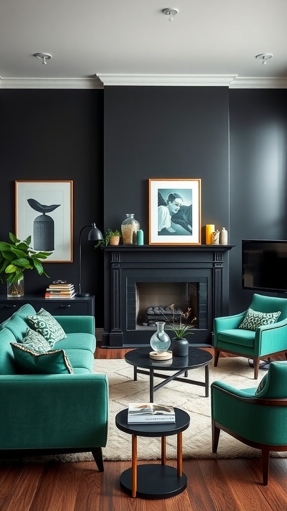 Living room with a bold black accent wall, emerald green furniture, and decorative elements.