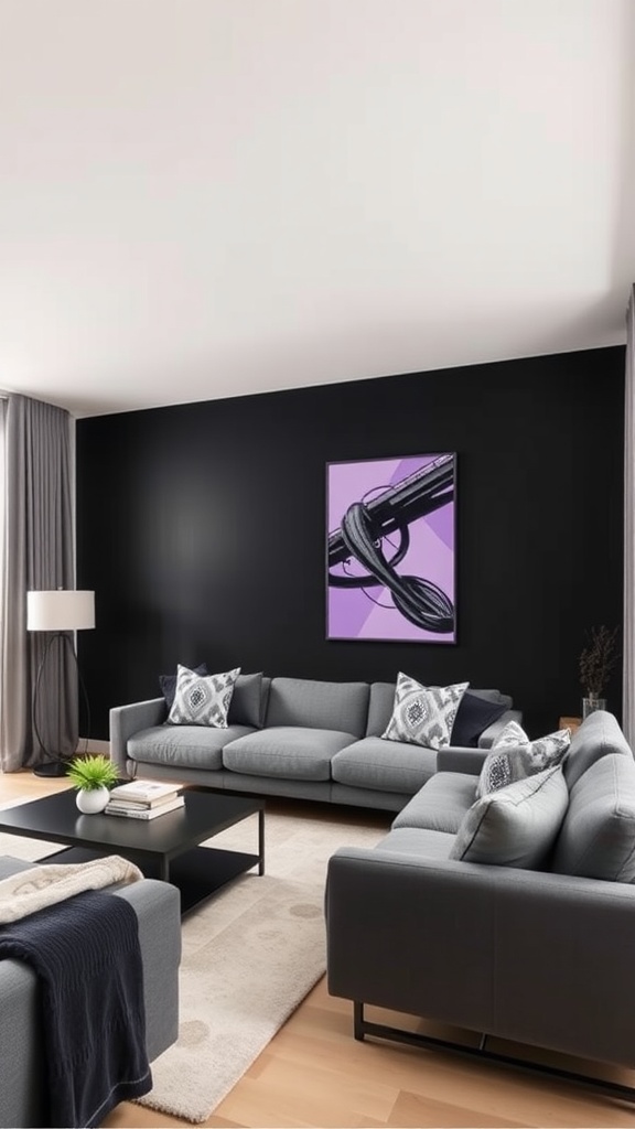 A modern living room featuring a bold black accent wall, gray sofas with patterned pillows, a dark coffee table, and a purple artwork.