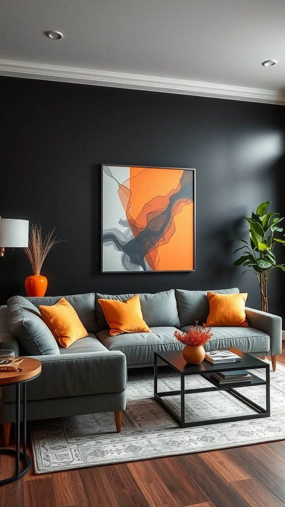 A modern living room featuring a bold black accent wall with orange decor and a gray sectional sofa.