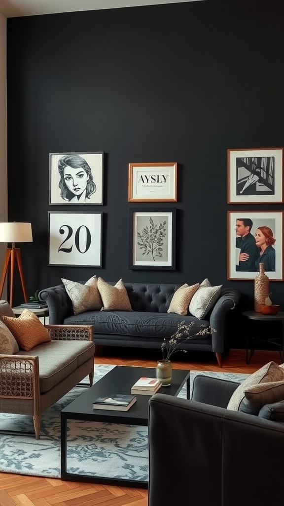 Living room featuring a bold black accent wall with framed artwork and stylish furniture.