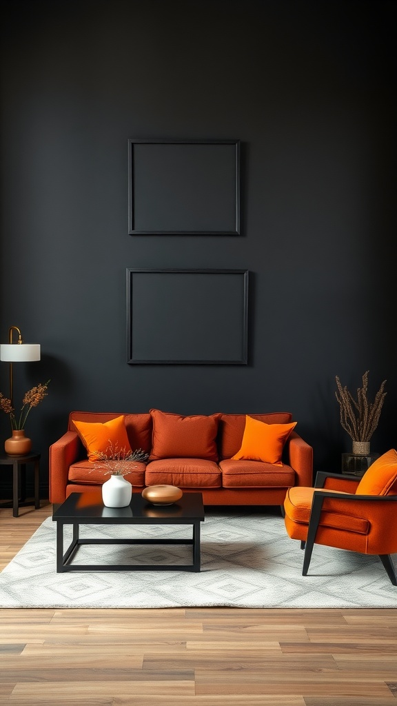 A stylish living room featuring a black accent wall, orange sofa and armchair, and wooden flooring.